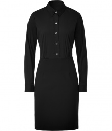 Get chic two-in-one style thats perfect for the office with this combo dress from Theory - Stand collar, long sleeves, front button half placket, fitted pencil skirt, back slit - Style with a cashmere cardigan and classic pumps