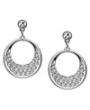 A modern interpretation of the circle motif. Swarovski's pair of rhodium-plated pierced earrings exude sophistication. Dangling circles are embellished in glittering clear crystal pavé. Set in rhodium-plated mixed metal. Approximate drop: 1 inch.