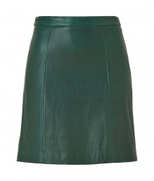 A jewel-tone green hue brings earthy glamour to this edgy leather mini from DKNY - Thin waistband, mini length, seaming details, concealed back zip closure - Wear with a retro-inspired blouse and ankle booties