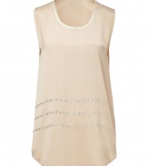 Stylish almond washed silk top with crystals from Steffen Schraut - This 1920s-inspired top has an of-the-moment oversized fit and twinkling crystal details - Sleeveless neutral silk with front crystal embellishment, scoop neck, and rounded hem - Pair with leather leggings, a bold shouldered blazer, and python ankle booties