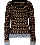 The perfect fall-inspired sweater in gorgeous black and bronze patterned wool by New York-based design duo, Rag & Bone - Round neckline, long sleeves, decorative metallic knit pattern, ribbed hem and cuffs - Fitted silhouette - Style with skinnies and booties, or with a fitted skirt, opaque tights and knee-high boots for the office