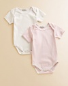 Comfy baby basics in soft cotton knit, offering one dot and one solid design.Envelope shoulders for easy on and off Short sleeves Snap bottom Cotton; machine wash Imported