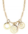 Roaring fashion from Anne Klein. This golden frontal necklace takes center stage with three circular pendants with lion's head detail. Crafted in gold tone mixed metal. Approximate length: 18 inches + 2-inch extender.