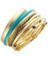 Play up your spring and summer look with the perfect accessories. INC International Concepts' chic ten bangle set can be split up or worn all together. Bangles feature a gold-plated mixed metal setting with intricate turquoise enamel designs and sparkling glass accents. Approximate diameter: 2-5/8 inches.