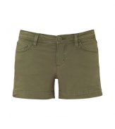 Chic shorts in fine, olive cotton stretch denim - Classic five-pocket style with belt loops, zip fly and button closure - Lower rise, curve-hugging cut and mini length accentuate a long, lean leg - Comfy yet cool, easily dressed up or down - Pair with a silk tunic top and platform pumps, or go for a more casual look with a t-shirt and sandals