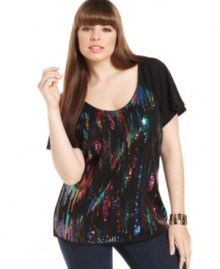 Dazzle from day to night in Belle Du Jour's short sleeve plus size top, flaunting a sequined print-- team it with your go-to jeans!