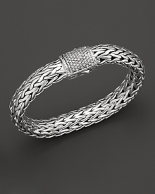 Large signature woven chain bracelet with diamond pavé clasp, designed by John Hardy.