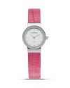 Add a sleek shot of color to your look with this watch from Skagen. Accented by a bold pink leather band, it boasts an understated silhouette and advanced Japanese quartz movement for the perfect fusion of form and function.