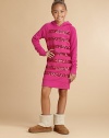 Cozy as her favorite fleece sweatshirt, dazzling with bands of sequins on front.Pullover dressAttached hoodLong raglan sleevesBanded cuffs and hemPolyamideDry cleanImported