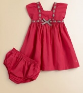 A pretty ribbon trim and scalloped detail lend a romantic touch to this A-line set with matching bloomers. Scalloped squareneckScalloped flutter sleevesBack snapGathered waist with ribbon trimFull skirtCottonMachine washImported