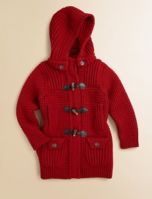 She'll stay cute and comfy in this waffle-knit layer with a versatile detachable hood, adorable toggle details and a longer silhouette to keep her extra warm.Detachable button hoodRibbed stand collarLong sleeves with ribbed cuffsFront toggle closureSlightly fitted waistSide slash pocketsFront patch button pocketsRibbed hem80% wool/20% nylonHand washMade in Italy