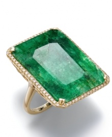 Breathe new life into your look with an accessory infused with the colors of Brasil. This stunning statement ring features a rectangular-cut dyed green sapphire (22-1/2 ct. t.w.) that stands out against a frame of round-cut diamonds (1/3 ct. t.w.). Crafted in 14k gold.