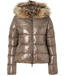 Sporty goes chic with this luxe fur-trimmed lightweight down jacket from Duvetica - Fur-trimmed hood, long sleeves dual-zipper front closure, zip pockets, quilted, slim fit - Wear with an oversized pullover leather leggings or skinny jeans, and ankle booties