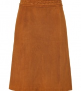 Channel effortless boho chic in LAgences super-supple lambskin skirt - Sumptuously soft, suede material in an elegant tawny brown - Classic A-line silhouette hits above at knee and flares gently at hem - Decorative braided trim cinches the waist - Zips at back - Simple yet sophisticated, perfect for pairing with tunic tops, tie neck blouses and slim cut button downs