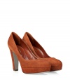 Luxurious pumps in light brown suede have an elegant, sophisticated design - Features plateau and slightly wider sales - Laterally wide waist creates a narrow look for feet - Sturdy heel for comfort - Wear with business suits, jeans, leggings or a cocktail dress