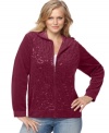 Relax in the plush comfort of On Que's plus size velour hoodie, highlighted by a sequined front. (Clearance)