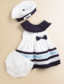 She'll turn heads and sink ships in this frilly, nautical-themed frock with matching bloomers and sailor hat.Round necklineSleevelessBack buttonsHigh-waisted with bowFull skirtStriped hemCottonMachine washImported Please note: Number of buttons may vary depending on size ordered. 