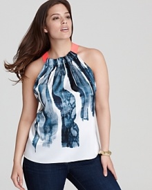 Infuse your style with artistic inspiration in this Tahari Woman Plus blouse, boasting graphic strokes of print and acid-bright accents for a modern statement.