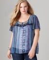 Be a sheer beauty with One World's short sleeve plus size top, accented by an embellished neckline.