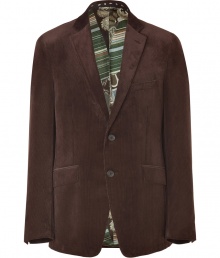 Channel 1970s-inspired style in this modernized corduroy blazer from Etro - Notched lapels, two-button closure, single chest pocket, flap pockets at waist, double back vent, paisley lining - Pair with slim trousers or jeans, a button down, and brogues