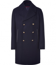 Luxurious coat of fine, navy blue wool blend - A dream coat has a classic peacoat design with modern details - The silhouette is slim and pleasantly long - Double-row of buttons, decorative welt pockets, a typical collar and long sleeves - Adjusts to a suit just as well as a cashmere sweater - A coat youll have and wear forever