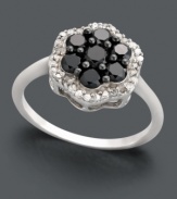 Embrace the cocktail ring trend with this chic cluster. Crafted in sterling silver, ring features seven round-cut black diamonds (7/8 ct. t.w.) surrounded by a halo of round-cut white diamonds (1/6 ct. t.w.). Size 7.