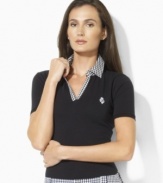 A preppy gingham collar and Ralph Lauren's signature LRL-monogrammed crest give this super-soft stretch cotton Lauren by Ralph Lauren polo a chic finish for a stylish yet sporty look.