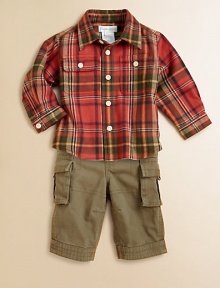 This preppy set pairs a bright plaid button-down shirt and essential cotton chino pant that comes with a coordinated belt. Shirt Straight point collarLong sleeves with barrel cuffsButton-frontButtoned patch pocketsSplit back yokeShirttail hem Pants Single snap closureRear elasticized waistband with belt loopsFaux flyHand pocketsCargo pocketsCottonMachine washImported Please note: Number of buttons may vary depending on size