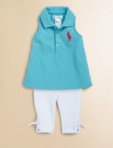 This adorable set features a classic polo and stretch leggings with lace-up ties along the ankles.Ribbed polo collarSleeveless with ribbed arm openingsFront buttonsRacerback-styleEmbroidered pony logoUneven side-vented hemElastic waistbandTop: CottonLegging: 93% cotton/7% elastaneMachine washImported Please note: Number of buttons/snaps may vary depending on size ordered 