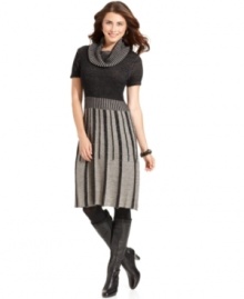 Prep for fall with Alfani's stylish and cozy petite sweater dress, featuring a striped cowlneck and skirt.