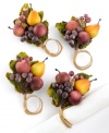 Like a fine wine, Napa napkin rings enhance traditional tables with rich fruit and floral notes. An antique finish preserves crabapples, grapes and pears for holiday dinners and elegant entertaining.