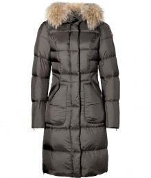 A chic take on the classic down coat, this shimmering version from Parajumpers brings contemporary style to your cool weather look - Fur-lined hood, stand collar, front zip closure, long sleeves with zip cuffs, snapped patch pockets, elasticized sash at back, quilted - Fitted silhouette - Style with skinny jeans, an oversized cashmere sweater, and over-the-knee boots