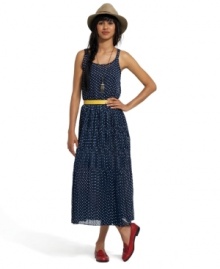 Retro-inspired polka dot print gets an edgy makeover from Bar III's tiered maxi dress.