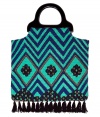 Luxe tote in fine, turquoise and electric blue cotton - Densely woven knit and diamond motif lend the bag its craftsy, retro-chic appeal - Wood handles - On-trend, tassel fringe embellishment - Roomy shopper style easily fits all of the essentials - Versatile and cool, adds a touch of boho glamour to jeans, tunic tops and mini dresses