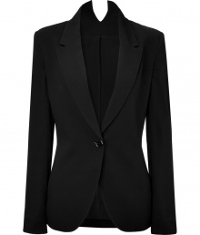 Finely-detailed blazer in black viscose - Added hint of elastane makes it completely comfortable and totally wearable - Snug fit with long narrow lapel and sleeves- Single button closure - V-cut detail at back collar - Perfect office staple works well over pencil skirt or after-hours over a cocktail dress