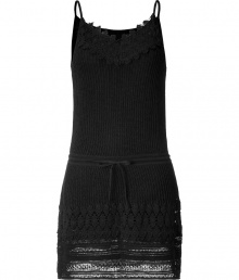 Black knit mini-dress with thin straps - Summery cotton-linen blend - Sleeveless, slim silhouette with thin tie to accentuate waist - Decorative knit pattern - Lace-like detail at neck and hem - Perfect dress for the beach club or an upscale backyard cookout - Pair with flat thongs in gold