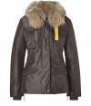 Stay warm in style with this chic down jacket from Parajumpers - Fur-trimmed collar, long sleeves with ribbed cuffs and logo at shoulder, concealed zip closure, flap pockets, back zipper details with dual back vent, water resistant, slim fit - Style with skinny jeans, a cashmere sweater, and shearling boots