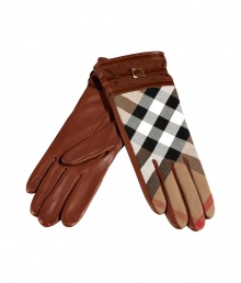 With an iconic look and soft silk lining, Burberry Londons checked gloves add an elegant polish to cool-weather looks - House check top, dark tan leather and suede cuff with belted strap, leather reverse, silk lining - Wear with a tailored wool coat, or a belted trench