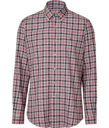 Classic red and black twill custom fit shirt - This slim tailored button down is a great modern take on the classic dress shirt - On-trend plaid pattern with small polo logo on chest - Pair with slim trousers, a blazer, and motorcycle boots for grunge-meets-preppy - Try with jeans and a chunky wool cardigan