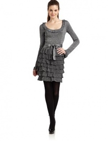 THE LOOKMetallic knit constructionTiered ruffle skirtTie waistTHE FITAbout 42 from shoulder to hemTHE MATERIALSilk/cotton/polyester/metallic fibersCARE & ORIGINDry cleanImportedModel shown is 5'10 (177cm) wearing US size Small. 