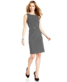 Slate grey lightens up a petite sheath dress from Calvin Klein. Origami-inspired darts at the waist add a fresh, architectural touch.