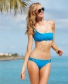 Macrame trim lends feminine charm to Becca's one-shoulder bikini top -- get set for sunny days!