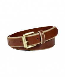 Stylish belt of fine cognac-brown leather - Medium width, and cool, classic shape - Slightly bevelled edging and decorative buckle brings unexpected style - Must-have accessory for trendy, casual looks - Wear with favorite jeans, chinos or corduroy pants