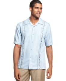 Step up your off-the-clock style with the effortless polish and casual ease of this sleek, fluid Cubavera shirt, detailed with handsome embroidery. (Clearance)