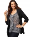 Snag a chic two-for-one special with Elementz' three-quarter sleeve plus size top, including an open front cardigan and printed inset.