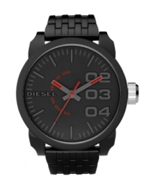 Slip under the radar with this stylishly blacked-out watch by Diesel. Black plastic bracelet and round black-plated stainless steel case, 67x60mm. Matte white dial features applied gray stick indices, minute track, large numerals at two, three and four o'clock, logo and three hands. Quartz movement. Water resistant to 30 meters. Two-year limited warranty.