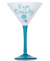 Sweet. Show your sassy side with this flirtatious martini glass. A clear blue base and stem contrasts a frosted white bowl with the phrase, Eye Candy.