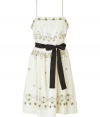 Bring ladylike glamour to your cocktail look with this darling embroidered dress from Hoss Intropia - Square embellished neckline, bead embellished thin straps, contrasting grosgrain bow belt at waist, full skirt, all-over floral design with beads - Style with a cropped cardigan and peep-toe platforms