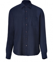 With its clean look and lightweight linen, Vinces navy button-down is an effortless cool choice - and a must for your next warm weather getaway - Classic collar, long sleeves, buttoned cuffs, button-down front, chest pocket, wood-effect buttons, shirttail hemline - Relaxed slim fit - Wear with swim trunks, or linen pants and sandals