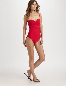 Retro shirring gives this unique, body-shaping design a fantastic look as removable straps offer style versatility.Ruched sweetheart necklineRemovable strapsMolded underwire cupsContours and shapes the body52% spandex/48% nylonHand washImported